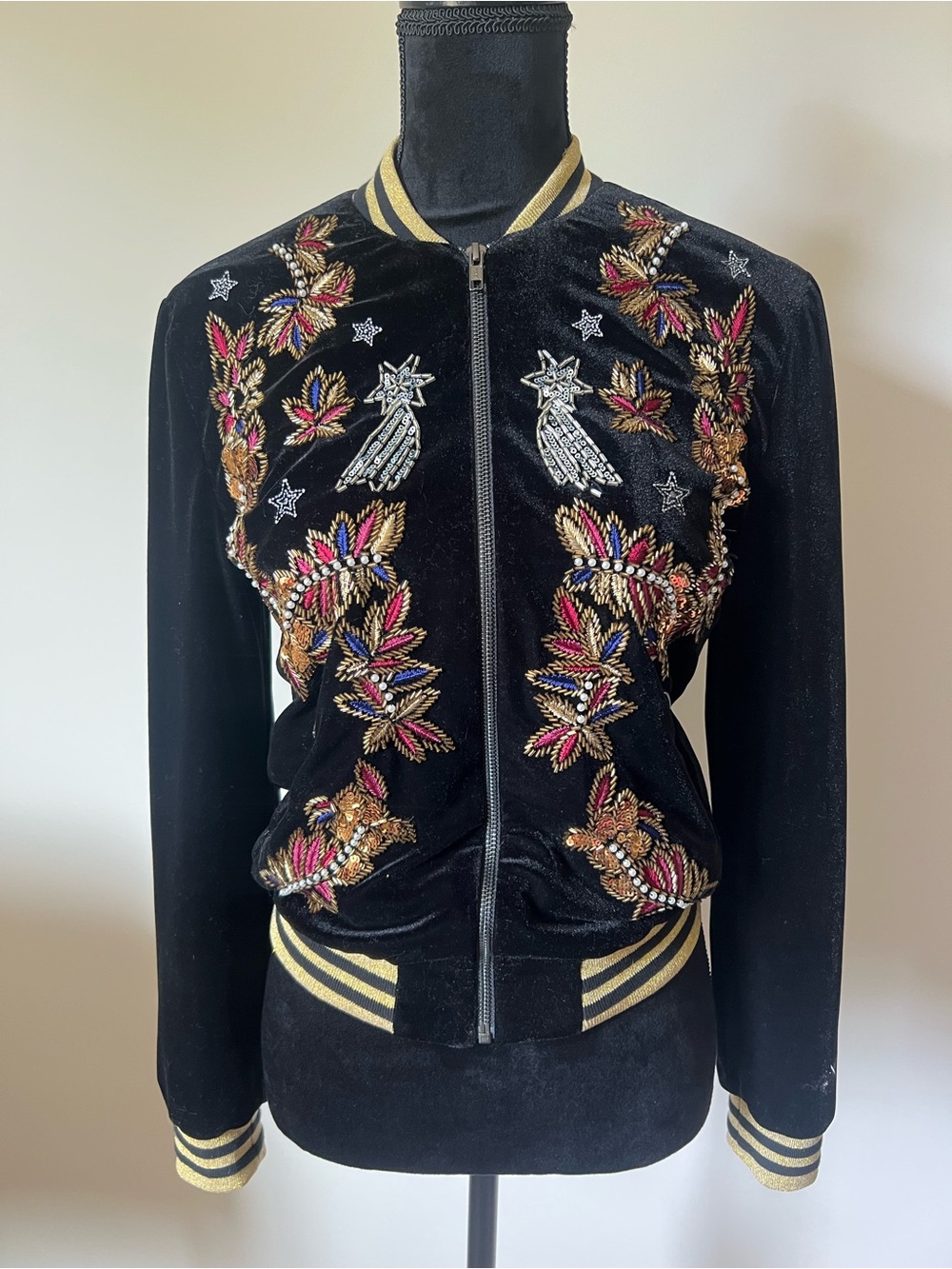 Nasty Gal Black Velvet Embroidered Bomber Jacket Size XS